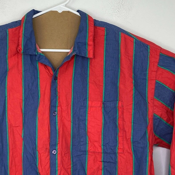 Urban Outfitters Men's Large Shirt Red Blue Striped Button Up Long Sleeve BE6 - Picture 2 of 6